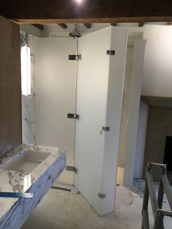 Bespoke frosted glass shower enclosure in Iver luxury bathroom